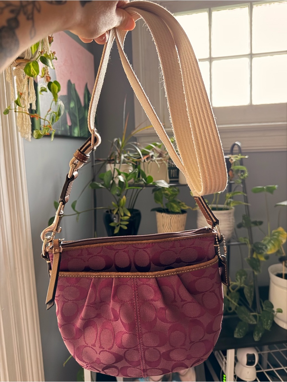 Coach Soho Pleated Signature C Swingpack Crossbody Bag- Berry